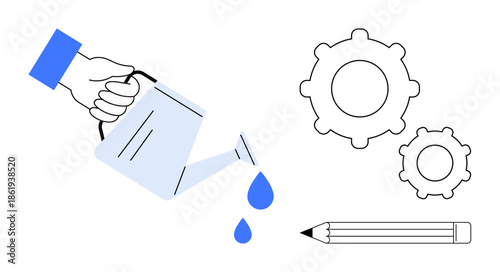 Growth strategy, innovation, creativity, productivity, process optimization, teamwork. A hand pours water onto gears and a pencil. Growth strategy and innovation in business and creativity