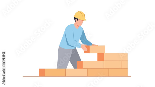 Man constructing brick wall from side view illustration