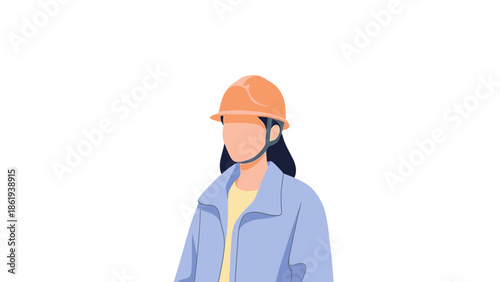 A woman wearing a hard hat and jacket standing against a white background
