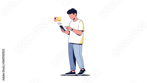 Man standing and using mobile phone while holding card, outdoors, simple illustration style.