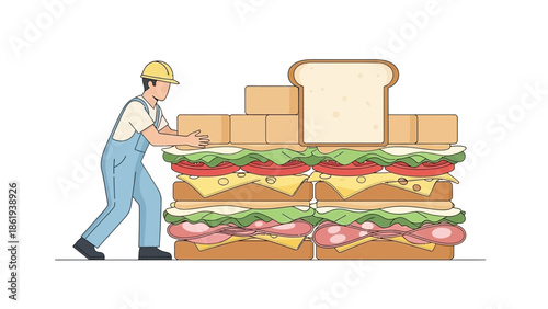 A worker in overalls pushing a massive sandwich stack with multiple layers