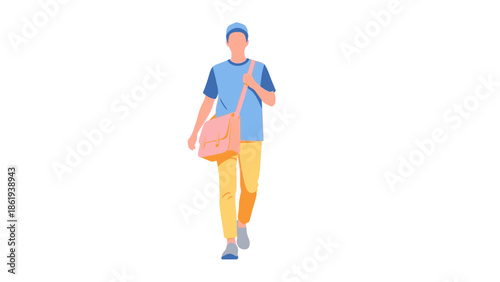 Man walking with a casual stride carrying a bag on his shoulder