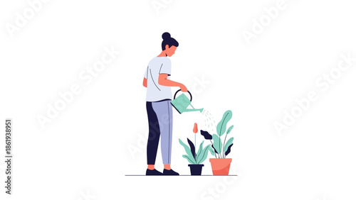 Woman watering plants in a serene garden from a standing position