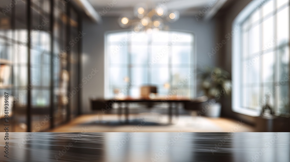 Fototapeta premium A blurred office interior with a large wooden desk and modern furniture in a bright room
