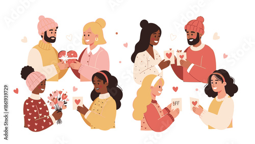 Illustration of diverse people exchanging gifts and flowers on Valentine's Day with a playful and romantic atmosphere against a clean white background.