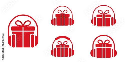 Red gift box icon with headphones on, representing audio gifts and holiday music, presented in multiple sizes.