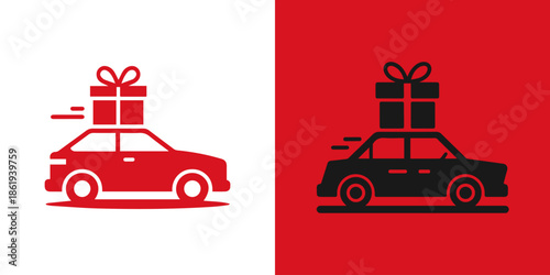 Two stylized icons of a car carrying a gift on its roof