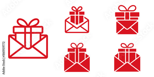 Collection of five red gift box icons on white background, representing digital gifts and online surprises.