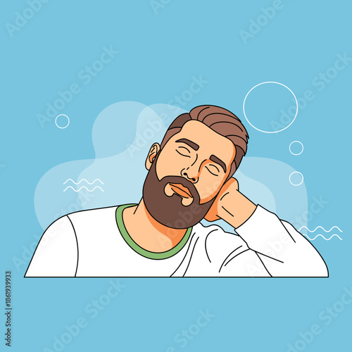Bearded man resting with eyes closed. Relaxed man with a beard resting his head on his hand against a blue background for wellness concept