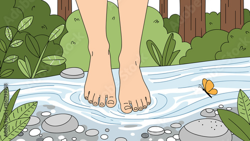 Bare feet standing beside a forest stream with stones and greenery for nature relaxation concept