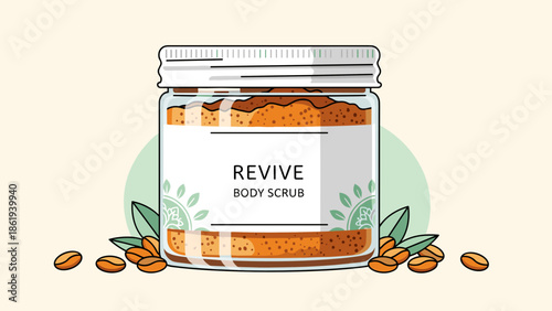 Revive body scrub in a clear glass container with coffee beans and leaves for skincare product concept