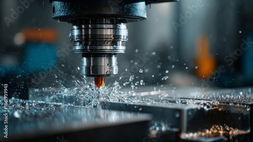 Close-up of a milling machine cutting metal with coolant creating a dynamic spray effect. Industrial setting with blurred background
