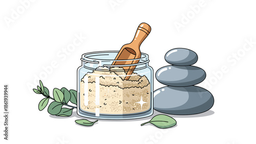 Body scrub in clear glass container with stones and leaves for spa treatment concept