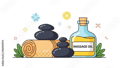 Hot stones and towel with massage oil on a bright background for wellness concept