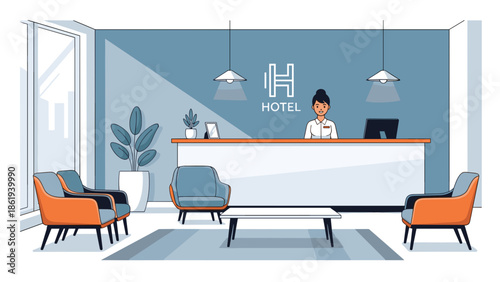 Modern hotel reception area with a welcoming receptionist and stylish decor
