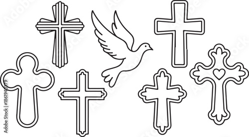 Vector illustrations of assorted religious icons, showcasing common designs like the Latin cross and more ornate, traditional shapes. 