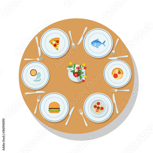 A circular table with plates of food, cutlery, and a floral centerpiece