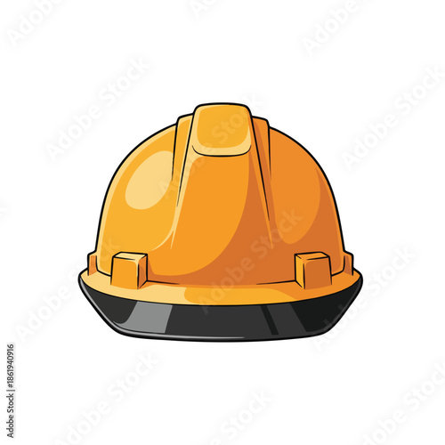 Cartoon-style, bright orange hard hat with black brim and accents on a white background