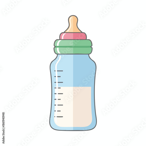 A colorful illustrated baby bottle filled with milk, isolated on a white background