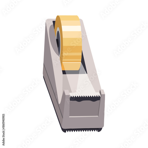 A desk-mounted tape dispenser with a roll of yellow tape ready for use