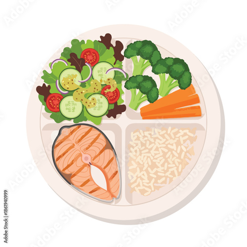 Plate divided with grilled salmon, salad, broccoli, carrots, and rice