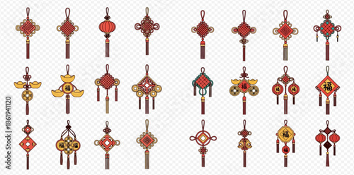 Collection of traditional Chinese knot ornaments and lucky charms for festive decoration.