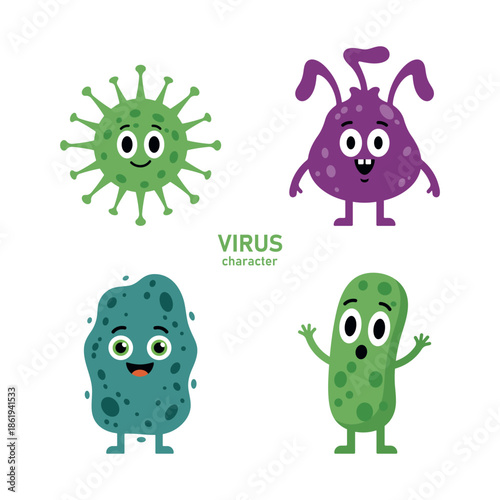 Cute virus character set isolated on white. Microorganism with different shapes and facial expressions. Ideal for education, healthcare, medical, children, science and biology illustrations.