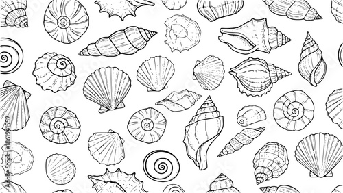 Hand drawn vector illustrations - seamless pattern of seashells. Marine background. Perfect for invitations, greeting cards, posters, prints, banners, flyers