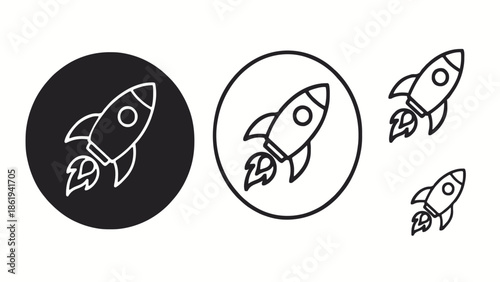 A collection of four minimalist line art rocket icons, depicting launch and upward movement, suitable for illustrating concepts of startup, innovation, and progress.