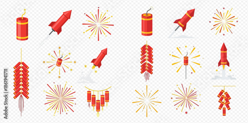 Collection of festive firecrackers, rockets, and fireworks for celebrations and holidays.