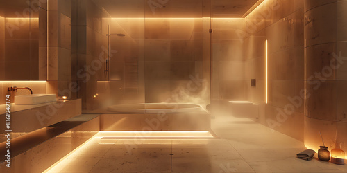 Luxurious Spa Bathroom with Golden Lighting and Steam