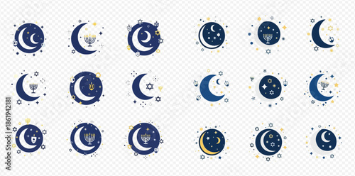 Set of various moon and star icons, including crescent moons and Hanukkah menorahs, on a transparent background.