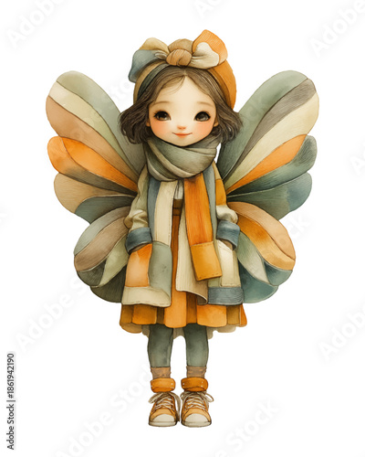 Adorable girl in cozy autumn fairy costume with striped wings and scarf, whimsical fall-themed character
