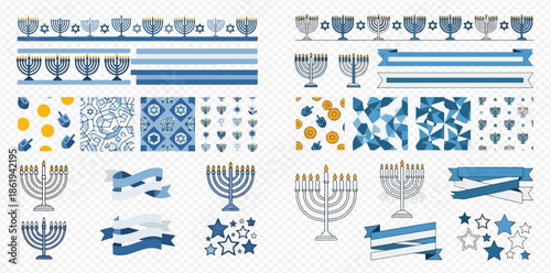 Hanukkah holiday design elements with menorahs, dreidels, patterns, and ribbons in blue and gold colors.