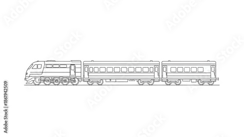 Vintage Train with Locomotive and Two Coaches in Line Drawing Style