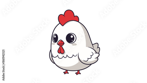 A cartoon chicken with a red comb standing on a white background viewed from the front