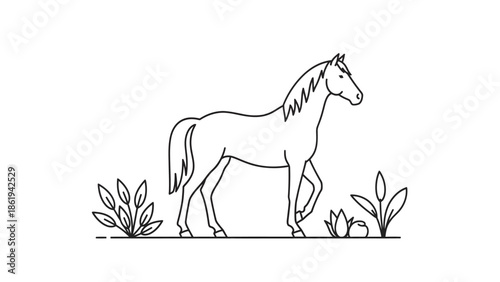 A continuous line drawing of a horse walking through a simple landscape with plants