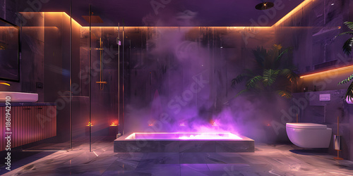 Luxurious Purple Ambient Bathroom with Illuminated Bathtub