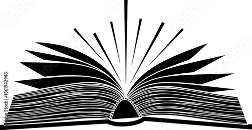 Black Vector Silhouette: Open Bible with Radiating Light
