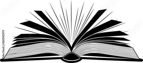 Black Vector Silhouette: Open Bible with Radiating Light
