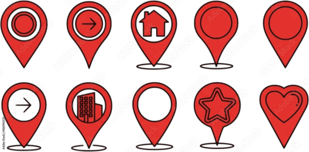 Fototapeta premium location icon set map pointer pin sign symbol red black outline destination icon place address navigation locator sign vector illustration