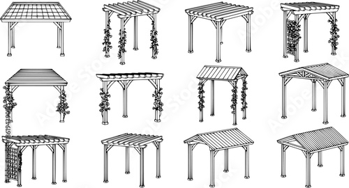 vector set of outline silhouette Pergola icon set
