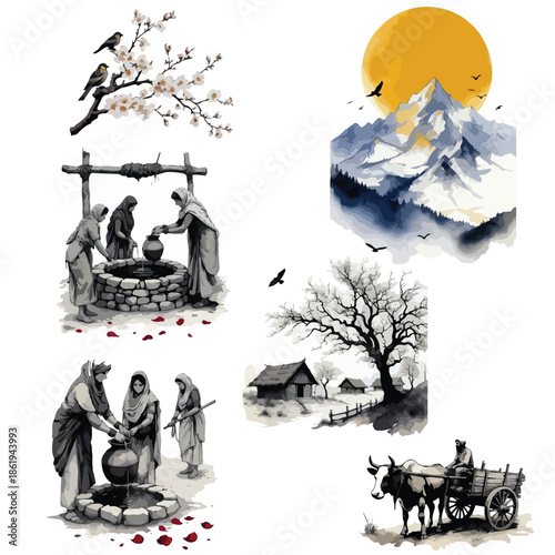 winter landscape with the moon and a snowman