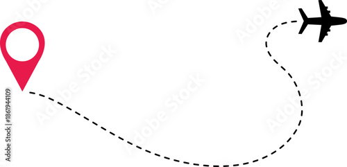 Airplane Track Icon. Air plane flight route dash line trace with start point. Airplane flight path with destination pin. flying plane with twisted, curved and straight dashed trace path.