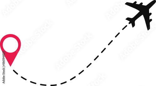 Airplane Track Icon. Air plane flight route dash line trace with start point. Airplane flight path with destination pin. flying plane with twisted, curved and straight dashed trace path.