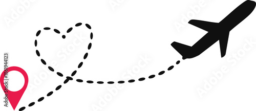 Airplane Track Icon. Air plane flight route dash line trace with start point. Airplane flight path with destination pin. flying plane with twisted, curved and straight dashed trace path.