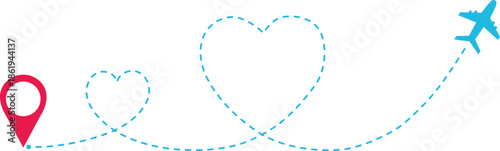 Airplane Track Icon. Air plane flight route dash line trace with start point. Airplane flight path with destination pin. flying plane with twisted, curved and straight dashed trace path.