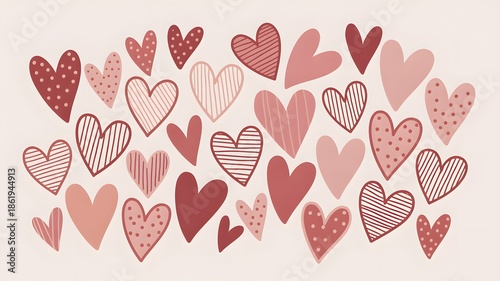 A lovely pattern of charming hand-drawn hearts in various shades of red and pink