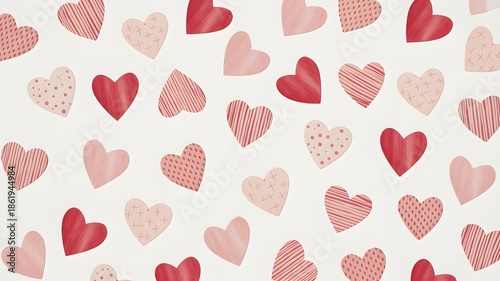 A charming pattern of scattered red and pink textured hearts on a clean white background