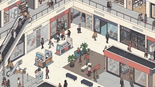 Isometric illustration of busy shopping mall with people and stores